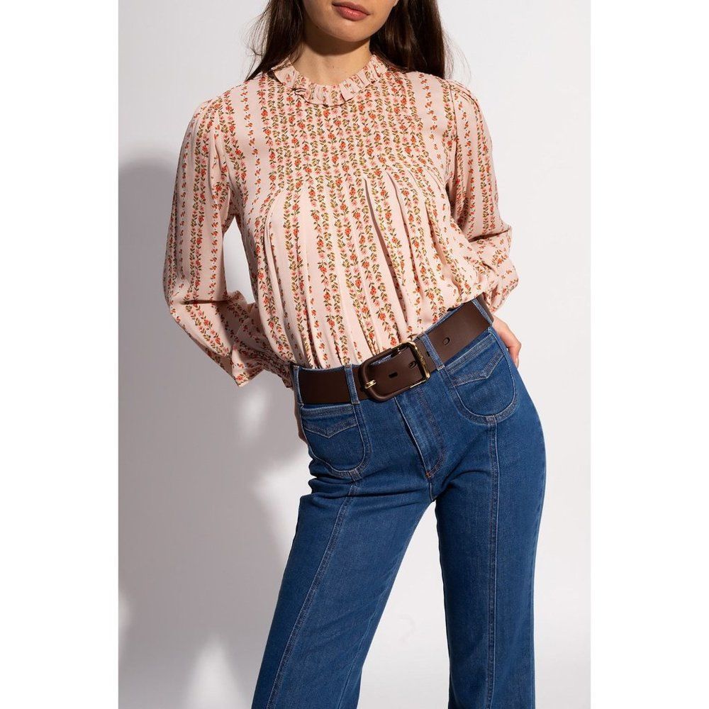 See by Chloé Women's Long Sleeve Pleated Floral-Print Crepe Blouse Pink